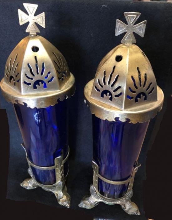 Pair Vintage Catholic Church Sanctuary Cemetery Blue Glass Votive