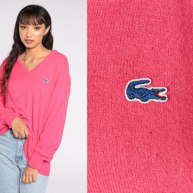 Izod LACOSTE Sweater Hot Pink Sweater 80s Slouchy V Neck Sweater Pullover Jumper Knit Vintage 1980s Preppy Crocodile Nerd Extra Large xl 