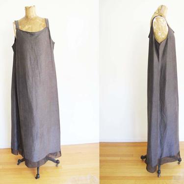 Vintage 90s Eileen Fisher Silk Linen Maxi Dress Large - Minimalist Long Gray Sundress - Simple Modern Maxi Dress Sleeveless Layering 