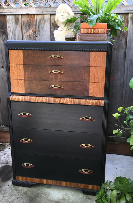 Black Art Deco Waterfall Dresser Vintage Tallboy By