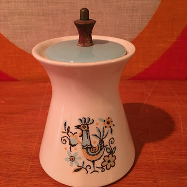 Vintage Steubenville Canonsburg Pottery, Peacock Garden Pattern, Sugar Bowl with Wooden & Brass Finial Lid, Turquoise and Gold Sugar Bowl 