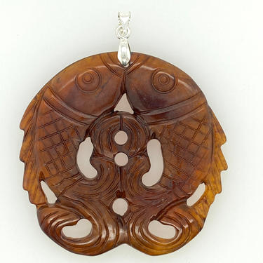 Vintage Artisan Large Carved Brown Jade Double Two Fish Pendant Necklace Asian 