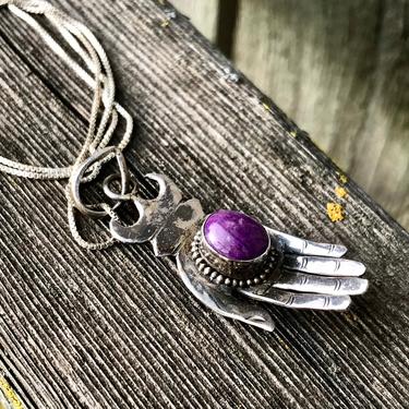 Vintage Sterling Sugilite Pendant Hand Meditation Necklace Healing Crystal Jewelry Meditation 