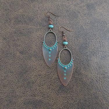 Patinated earrings, bohemian boho patina earrings, ethnic statement earrings, teal earrings, primitive etched copper, ornate earrings 15 