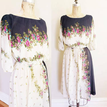 1970s Floral Print Day Dress / 70s Semi Sheer Navy Blue Pink Cream Dress Garden Party Flowers / M / Lilou 