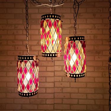 Set of 3 Mid Century Modern MCM Retro Groovy Multi Colored Rainbow Swag Chain Hanging Lamp Light 