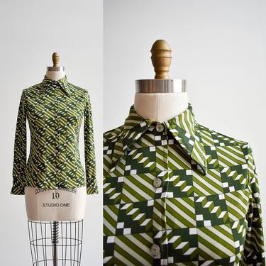 1970s Green & White Psychedelic Blouse 