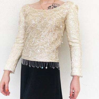 Wool boatneck 50s cream sequin and beaded long sleeve top 