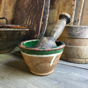 19th C Rustic French Pottery Mortar, Terra Cotta, Green Slip Glaze, Primitive Handmade, Pistou Bowl, French Farmhouse Cuisine, Damages 