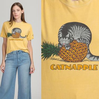 Vintage Kliban Cat &quot;Catnapple&quot; Crazy Shirts Hawaii Tee - Men's Small, Women's Medium | 00s Y2K Yellow Combed Cotton Graphic Tourist Tee 