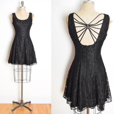 vintage 80s dress black lace cutout backless full strappy mini party dress S 