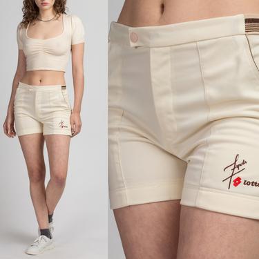 80s Striped Trim Athletic Shorts - Men's Small, Women's Medium | Vintage Cream High Waist Logo Tennis Shorts 