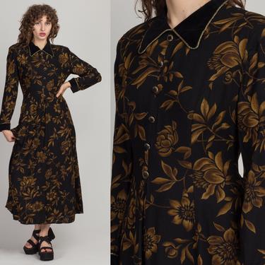 90s Floral Velvet Trim Maxi Dress - Large | Vintage Jessica Howard Long Sleeve Black Brown Grunge Dress 