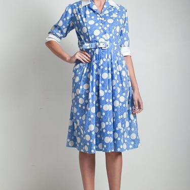 70s vintage shirtwaist dress blue white bubble print cotton belted short sleeves MEDIUM M 