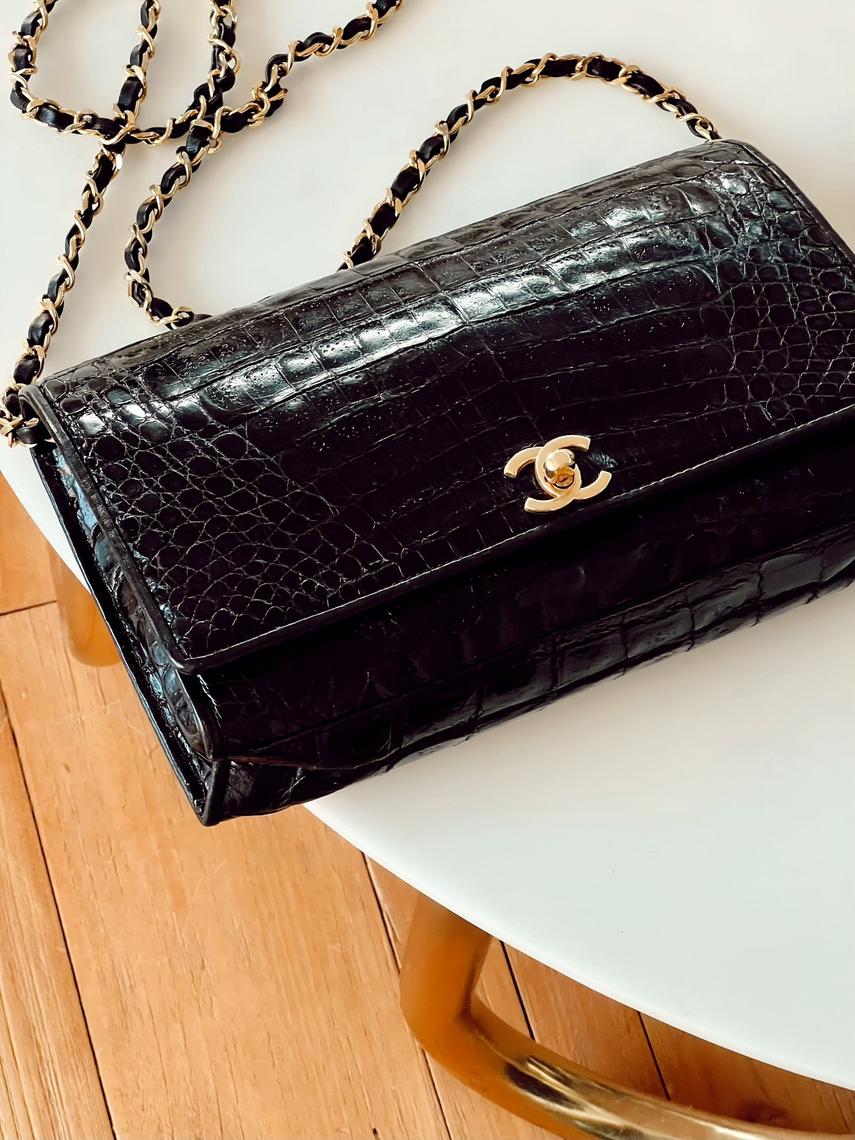 Schitz Paris Rare Black Crocodile Handbag with Gold Hardware 1953.