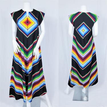1970's Black Rainbow Stripe Chevron Striped Poly Maxi Dress I Sz Med I Lounge Dress I Dela Ann 