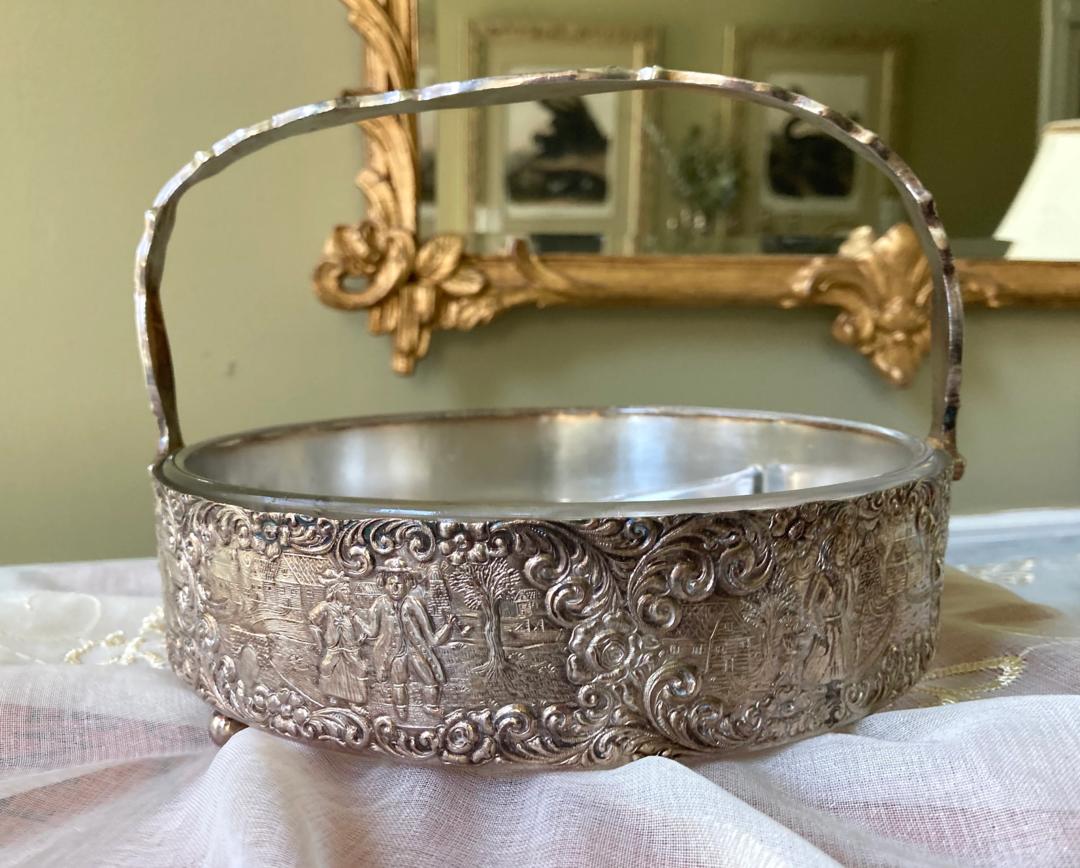 Antique Barbour 3206 Silver Plate Basket Glass Insert Dish Raven Pear