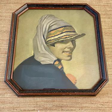 Antique Framed Art - Vintage Art - Woman's Face - Smiling Pretty Woman with Hat/Scarf - Hexagon Wood Frame - 1920s Beach Art 