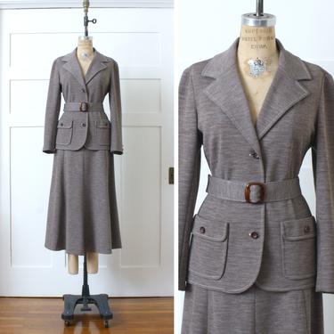 vintage 1970s women's suit • heathered brown Butte Knit belted blazer & skirt set 
