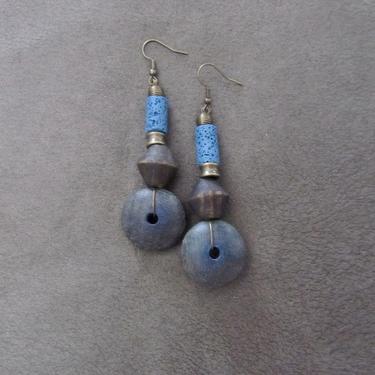Wooden earrings, brass dangle earrings, Afrocentric jewelry, African earrings, geometric earrings, mid century modern earrings, blue 