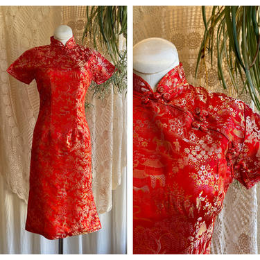 GOLDEN VILLAGE Vintage 60s Asian Cheongsam | 1960s Red &amp; Gold Floral Chinese Style Cocktail Dress | 50s 1950s Made in Japan | X-Small 