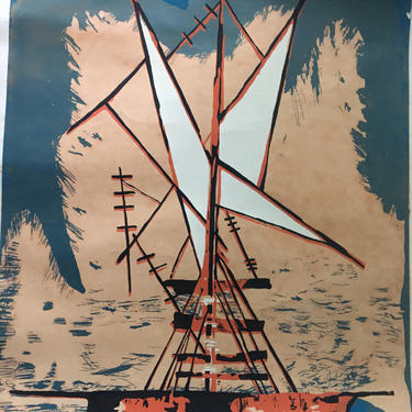 Puerto Rico Midcentury Graphic art Signed vintage serigraph by painter Manuel Hernandez Acevedo 1970 Nautical 