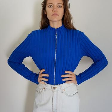 Y2K Vintage Blue Ribbed Knit Zip Front Sweater with Rhinestone Encrusted Zipper Size L XL Cardigan 