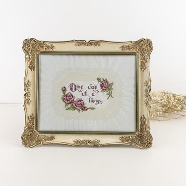 Vintage Framed Cross Stitch with Pink Roses, One Day A  Time, 8&quot;x 10&quot; Ornate Brass and White Picture Frame, Inspirational Gift, Gift for Her 