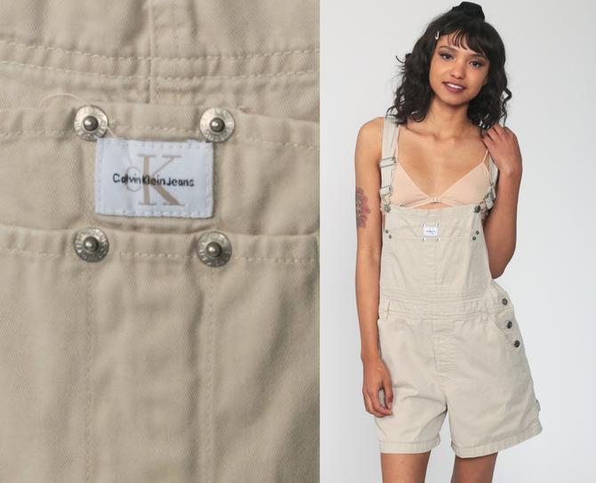 Cotton Overall Shorts Calvin Klein Overalls Beige Shortalls 90s Grunge Shop Exile Tucson AZ