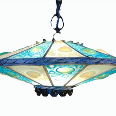 UFO Shaped Mid Century Modern Fused Glass Pendant Chandelier Space Age 1960s