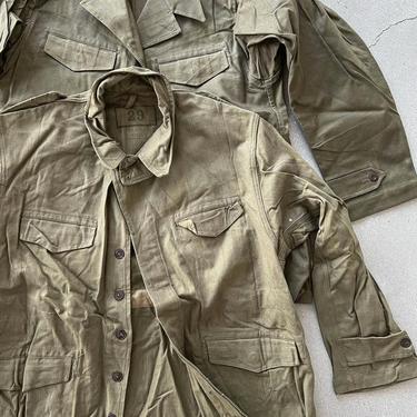 Vintage 40s-50s French Green Tan Herringbone Twill Cotton Jacket M47 Style Military Jackets 