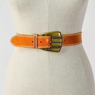 Vintage 1988 Western Style Liz Claiborne Leather Belt | 27-31" Waist | 100% Genuine Leather | Cowgirl Cowboy Leather Belt W/ Brass Buckle 