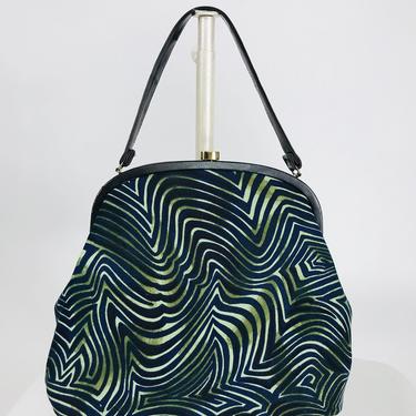 1960s Large Handbag in Green &amp; black Swirl Design Novelty Handbag