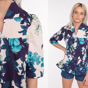 Hawaiian Shirt Tropical Shirt 70s Blouse Blue Floral Print Puff Sleeve Shirt 1970s Boho Top Summer Hibiscus Boho Hippie Shirt Medium 