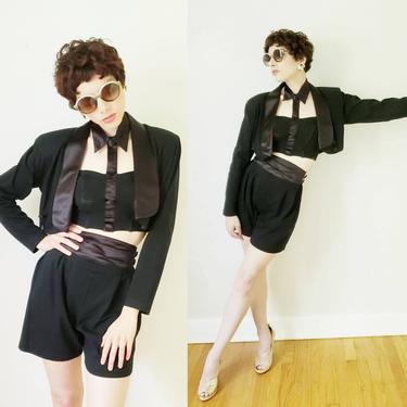 1980s Black Shorts Cropped Blazer Halter Top Ensemble / 80s I.O.U. Tuxedo Shorts Suit Set / Clotilde / Small 
