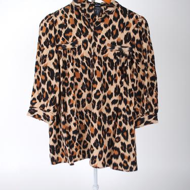 Silk Shirred Pocket Blouse - Brushstroke Leopard