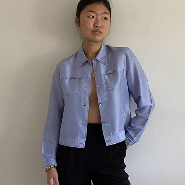 90s silk dupioni blouse bomber / vintage topstitched lavender lilac crisp silk dupioni cropped pocket jacket blouse | M 