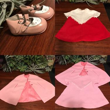 Vintage baby girls 1960s red and pink dress, cape, and shoes set 