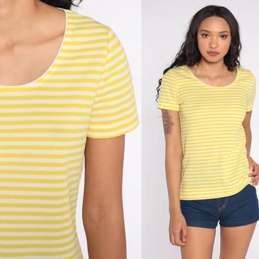 70s Striped Shirt Yellow White Retro Shirt Scoop Neck T Shirt  Mod Tshirt Short Sleeve Tee Vintage Top 1970s Blouse Minimal Basic Small S 