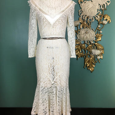 Jessica McClintock dress, 1980s lace dress, vintage 80s dress, fishtail dress, casual wedding, victorian style, mermaid hem, small, sheer 