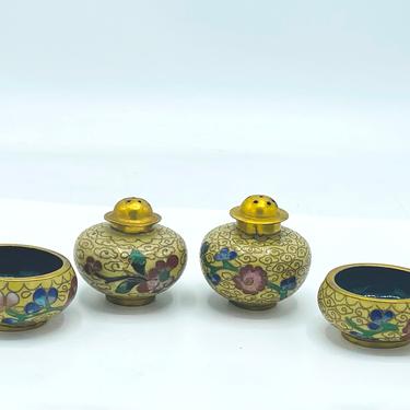 Vintage Cloisonné Enamel Brass Stacking Open Salt Bowl Cellar & Pepper Shaker Floral- Yellow 