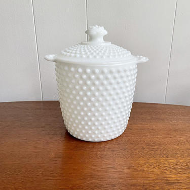 Vintage Mid Century Milk Glass Hobnail Cookie Jar Canister, with Lid, MCM Kitchen 