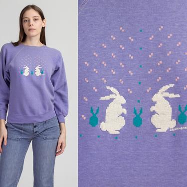 80s Bunny Cross Stitch Sweatshirt - Small | Vintage Purple Rabbit Graphic Crewneck Animal Pullover 
