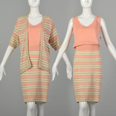 Medium 1980s St. John Set Peach Cardigan Knit Striped Skirt 3pc Ensemble 