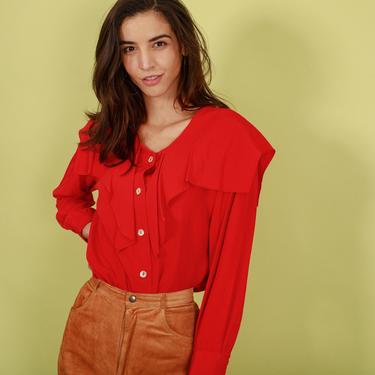 80s Bright Red Statement Collar Top Vintage Long Sleeve Blouse 
