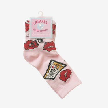 Vintage 1990s Novelty Print Socks - Red Lips - Eiffel Tower - France - TV - Kiss - Love Urban Accessories - Romantic Paris New - OOAK Rare 