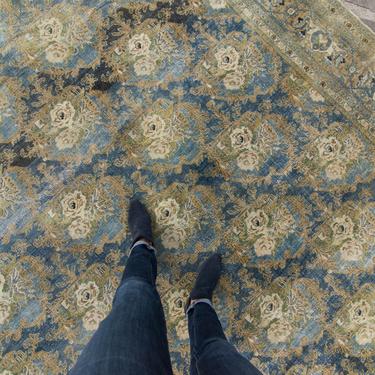 Antique 8'8&quot; x 11'6&quot; Large Floral Allover Design Blue Green Hand Knotted Wool Low Pile Rug 1920s - FREE DOMESTIC SHIPPING 