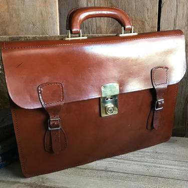 Leather Briefcase Attache, Made in England, Chestnut Brown, Cheney Brass Lock 