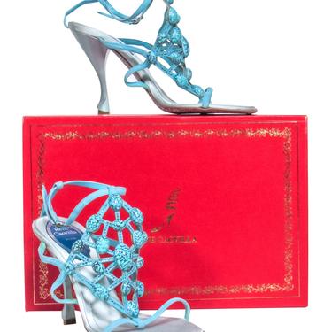 Rene Caovilla - Turquoise Suede & Satin Strappy Pumps w/ Jeweled & Rhinestone Embellishments Sz 6