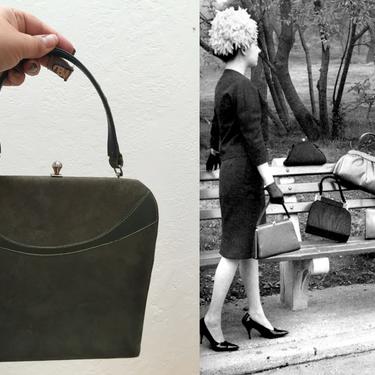 Park Benches &amp; Rendezvous - Vintage 1950s Olive Green Suede Leather Handbag Purse 